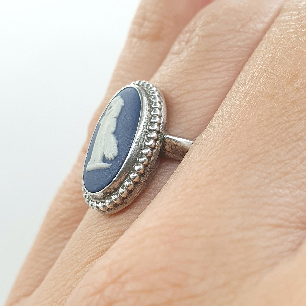 Vintage Sterling Silver Wedgwood Ring Navy Blue Jasperware Oval Solid 925 Womens Ladies Retro Jewelry Jewellery Unisex UK K.5 US 5.5