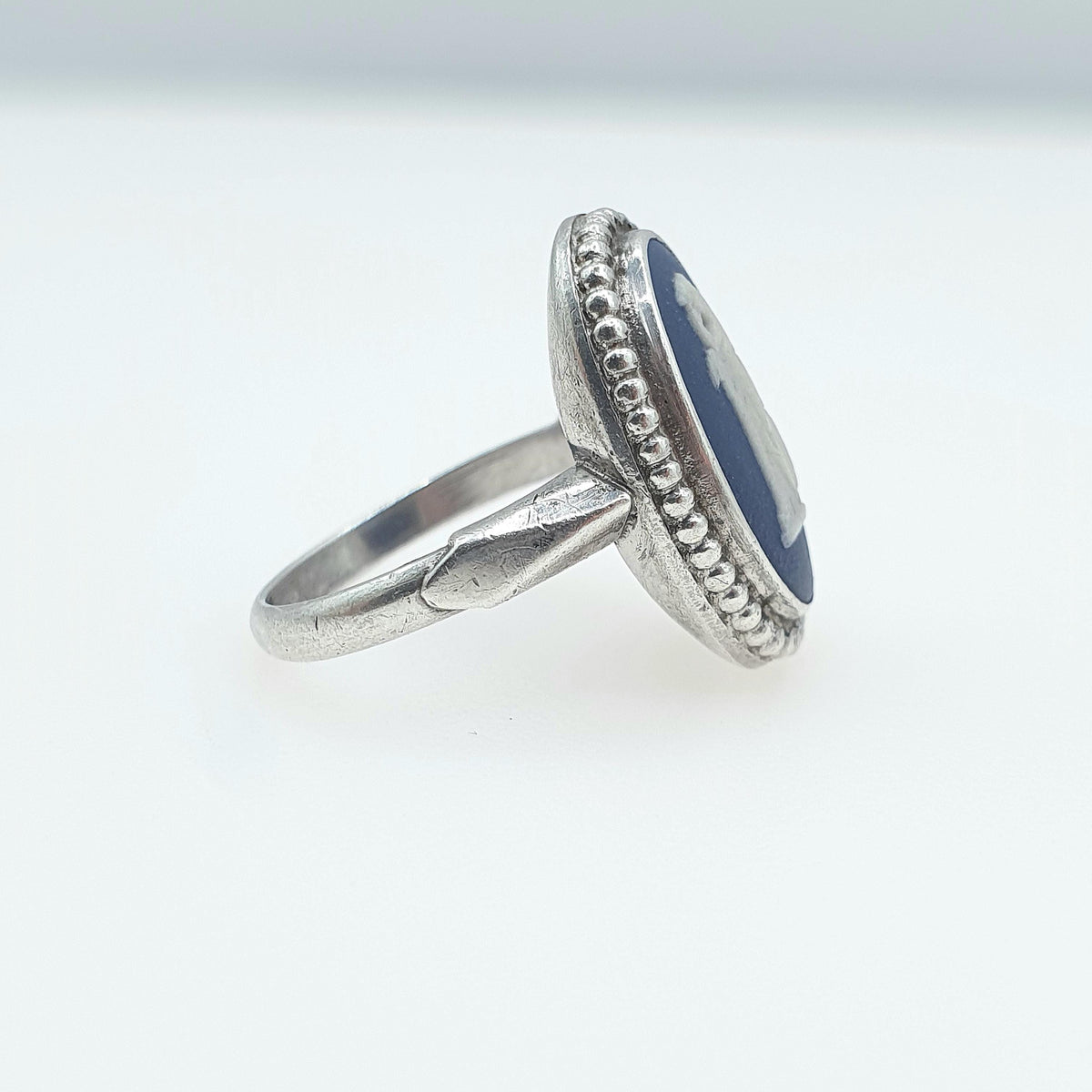 Vintage Sterling Silver Wedgwood Ring Navy Blue Jasperware Oval Solid 925 Womens Ladies Retro Jewelry Jewellery Unisex UK K.5 US 5.5
