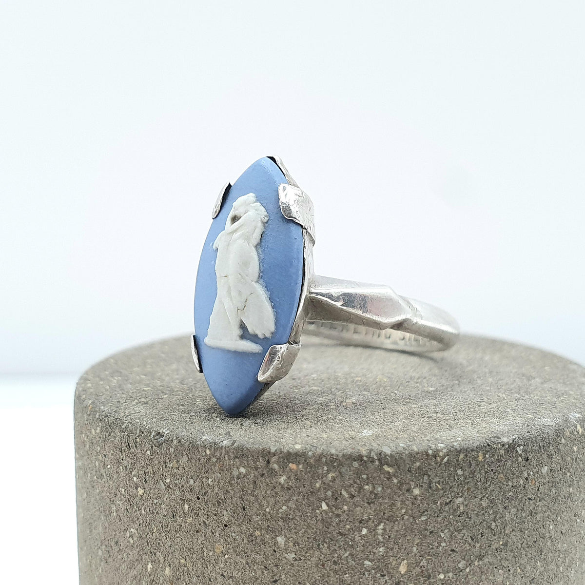 Vintage Sterling Silver Wedgwood Ring Marquise Sky Blue Jasperware Women Ladies Retro Jewelry Jewellery UK L US 5.75