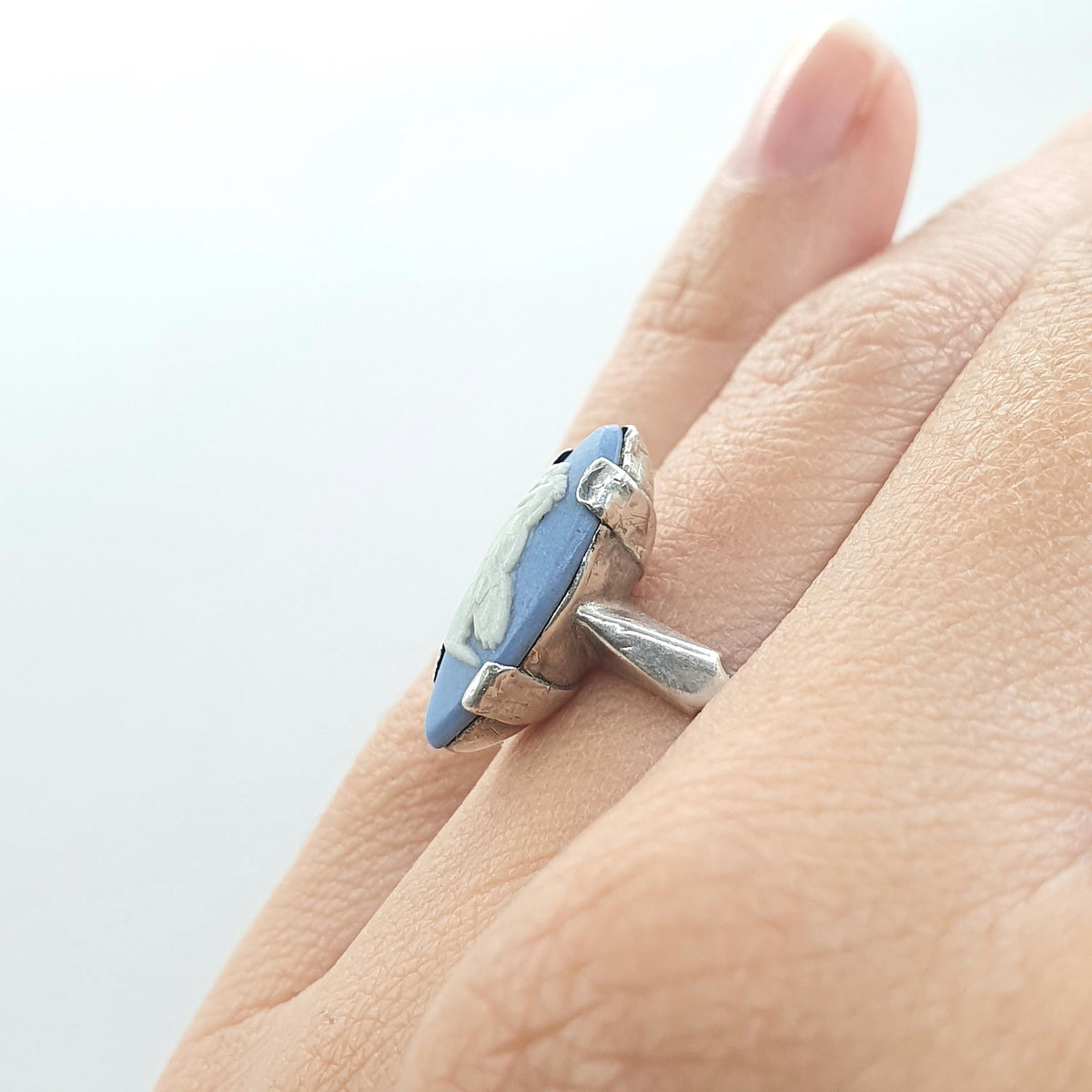 Vintage Sterling Silver Wedgwood Ring Marquise Sky Blue Jasperware Women Ladies Retro Jewelry Jewellery UK L US 5.75