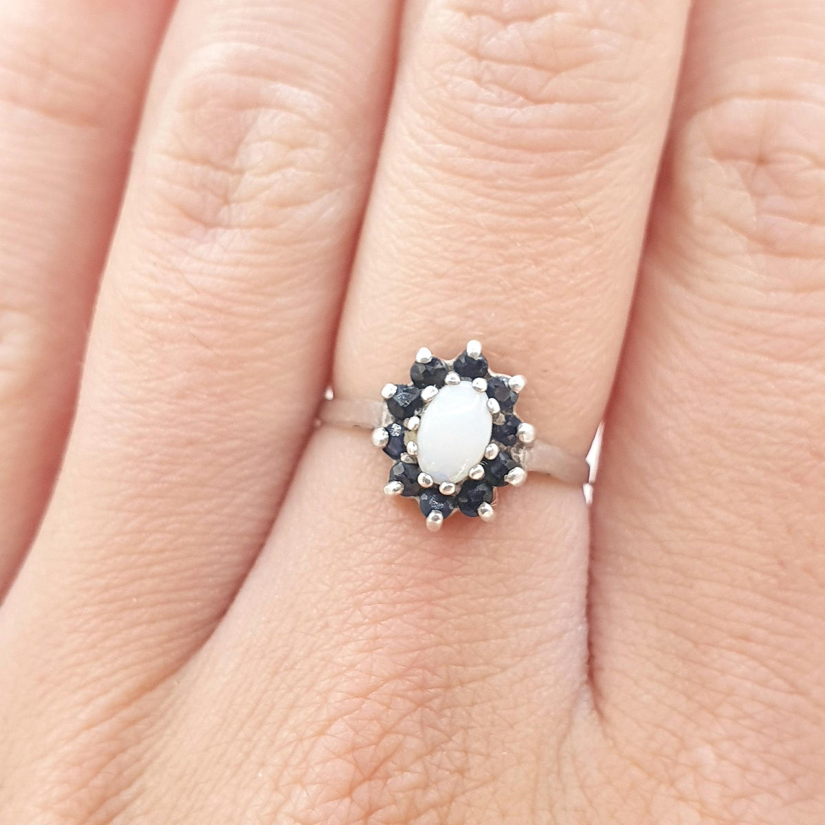 Vintage Solid Silver Sapphire & Opal Ring Halo Cluster Genuine Gemstone Oval Cut Womens Jewelry Jewellery UK M.5 US 6.5