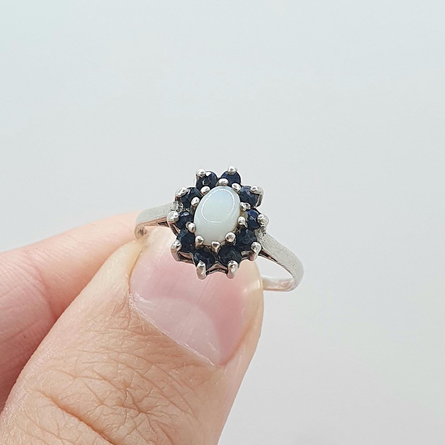 Vintage Solid Silver Sapphire & Opal Ring Halo Cluster Genuine Gemstone Oval Cut Womens Jewelry Jewellery UK M.5 US 6.5