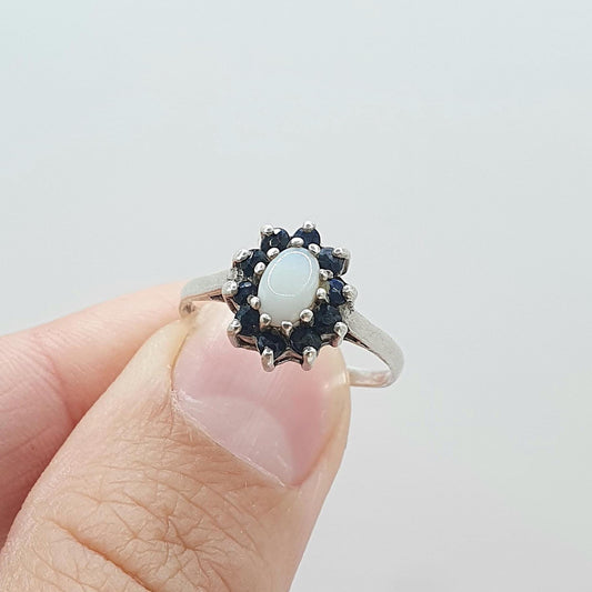 Vintage Solid Silver Sapphire & Opal Ring Halo Cluster Genuine Gemstone Oval Cut Womens Jewelry Jewellery UK M.5 US 6.5