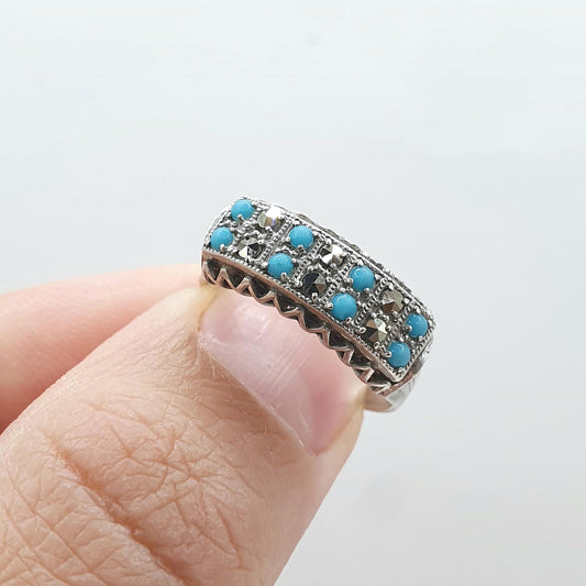 Antique Art Deco Faux Turquoise & Marcasite Ring Square Grid Pattern Blue Glass Womens Vintage Jewellery Jewelry UK L US 5.75
