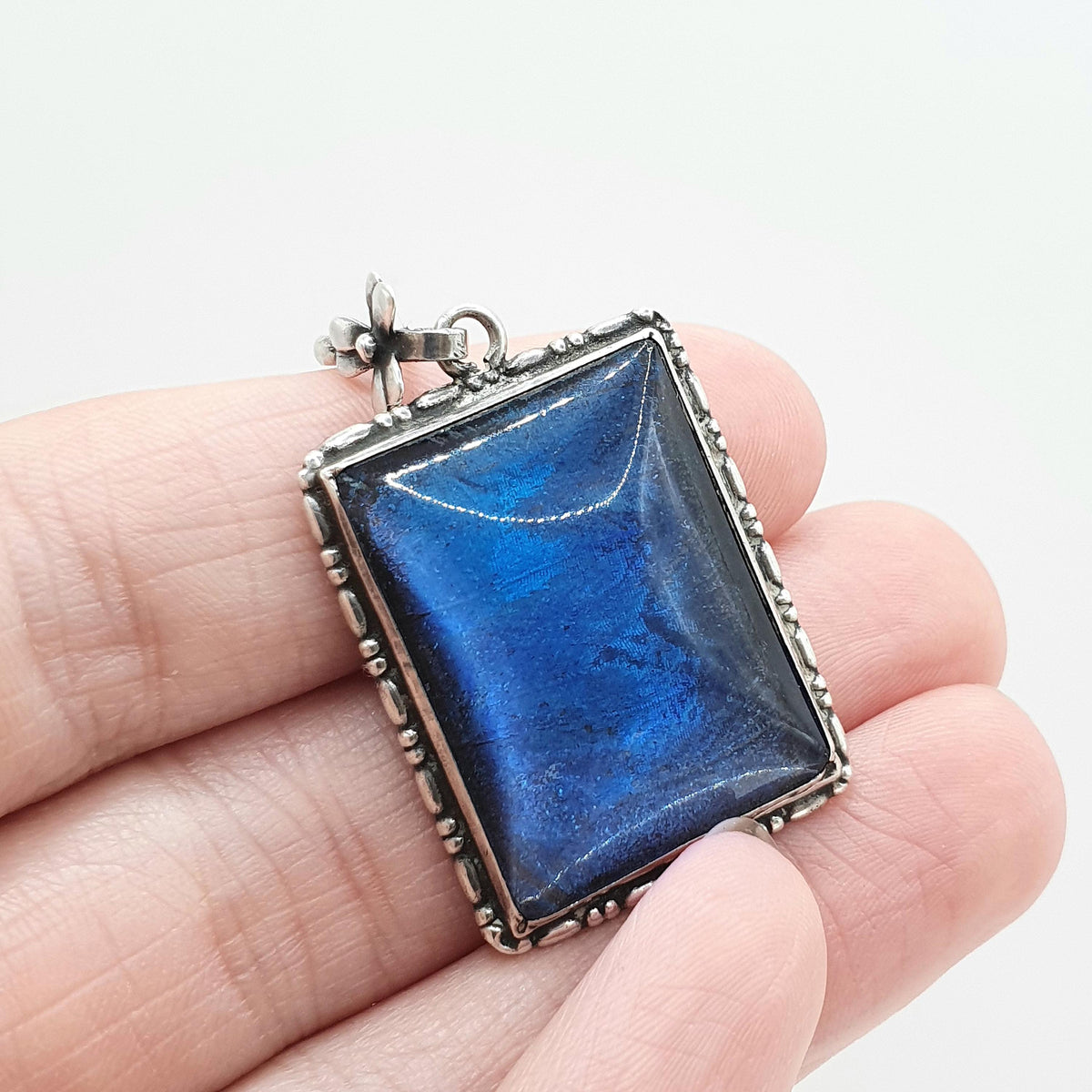 Antique Art Deco Solid Silver Butterfly Wing Necklace Pendant Rectangular Large Big Vintage 1920s Blue Bug Fly Insect Jewelry Jewellery