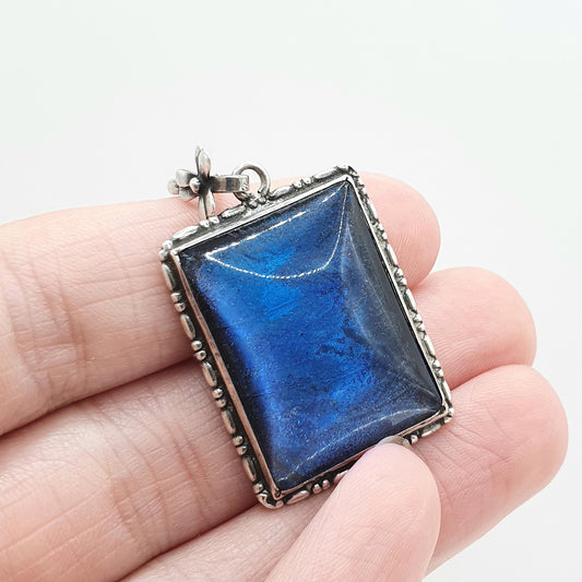 Antique Art Deco Solid Silver Butterfly Wing Necklace Pendant Rectangular Large Big Vintage 1920s Blue Bug Fly Insect Jewelry Jewellery