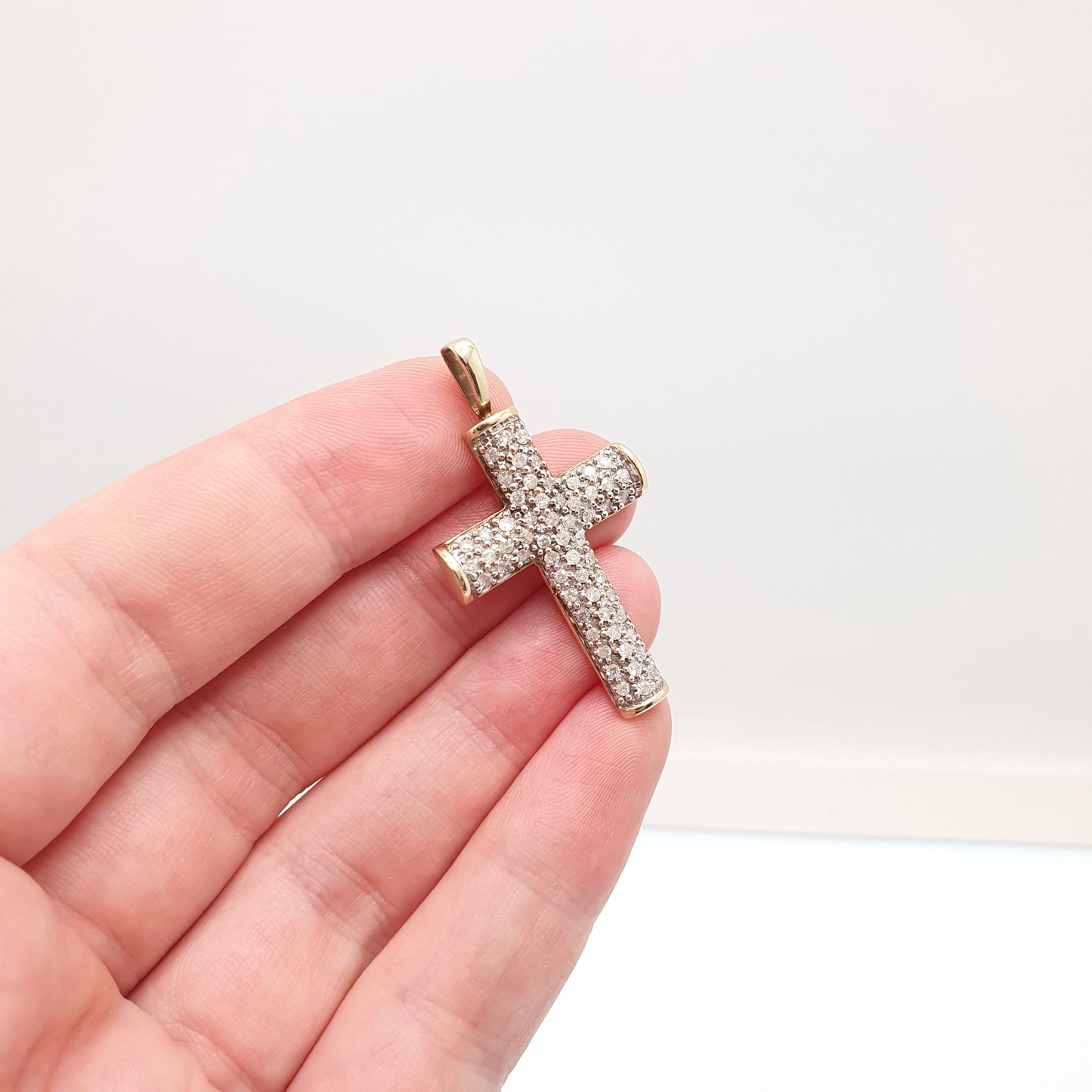Vintage 9ct Gold Diamond Cross Pendant 1ct of Natural Diamonds Large Big Crucifix Solid 9k 9kt 375 Retro Necklace Jewelry