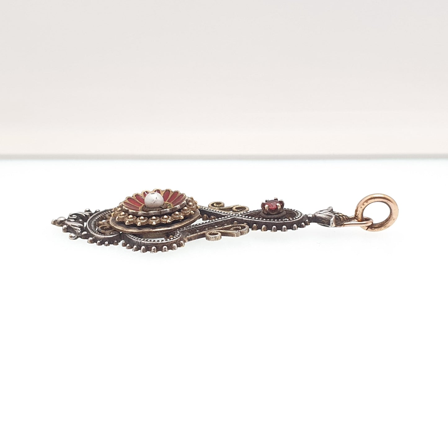 Antique Victorian Solid Silver Garnet & Pearl Pendant Enamel Necklace Gold Vermeil Austro Hungarian Style Vintage Womens Jewelry Jewellery