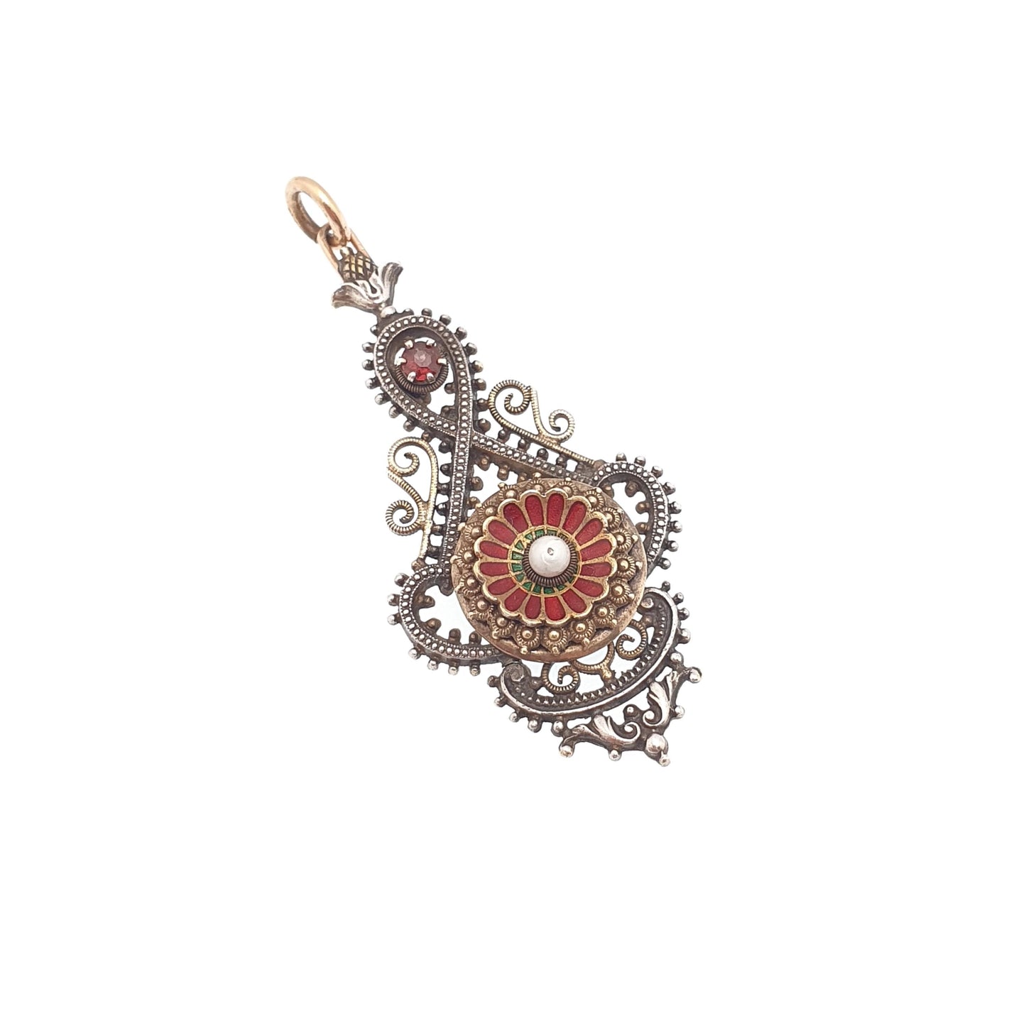 Antique Victorian Solid Silver Garnet & Pearl Pendant Enamel Necklace Gold Vermeil Austro Hungarian Style Vintage Womens Jewelry Jewellery