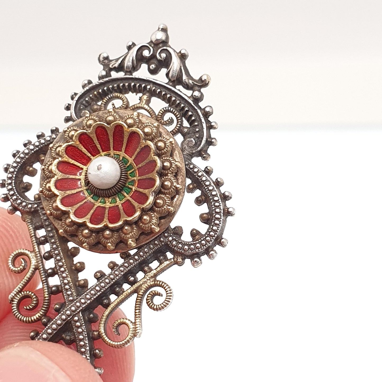 Antique Victorian Solid Silver Garnet & Pearl Pendant Enamel Necklace Gold Vermeil Austro Hungarian Style Vintage Womens Jewelry Jewellery