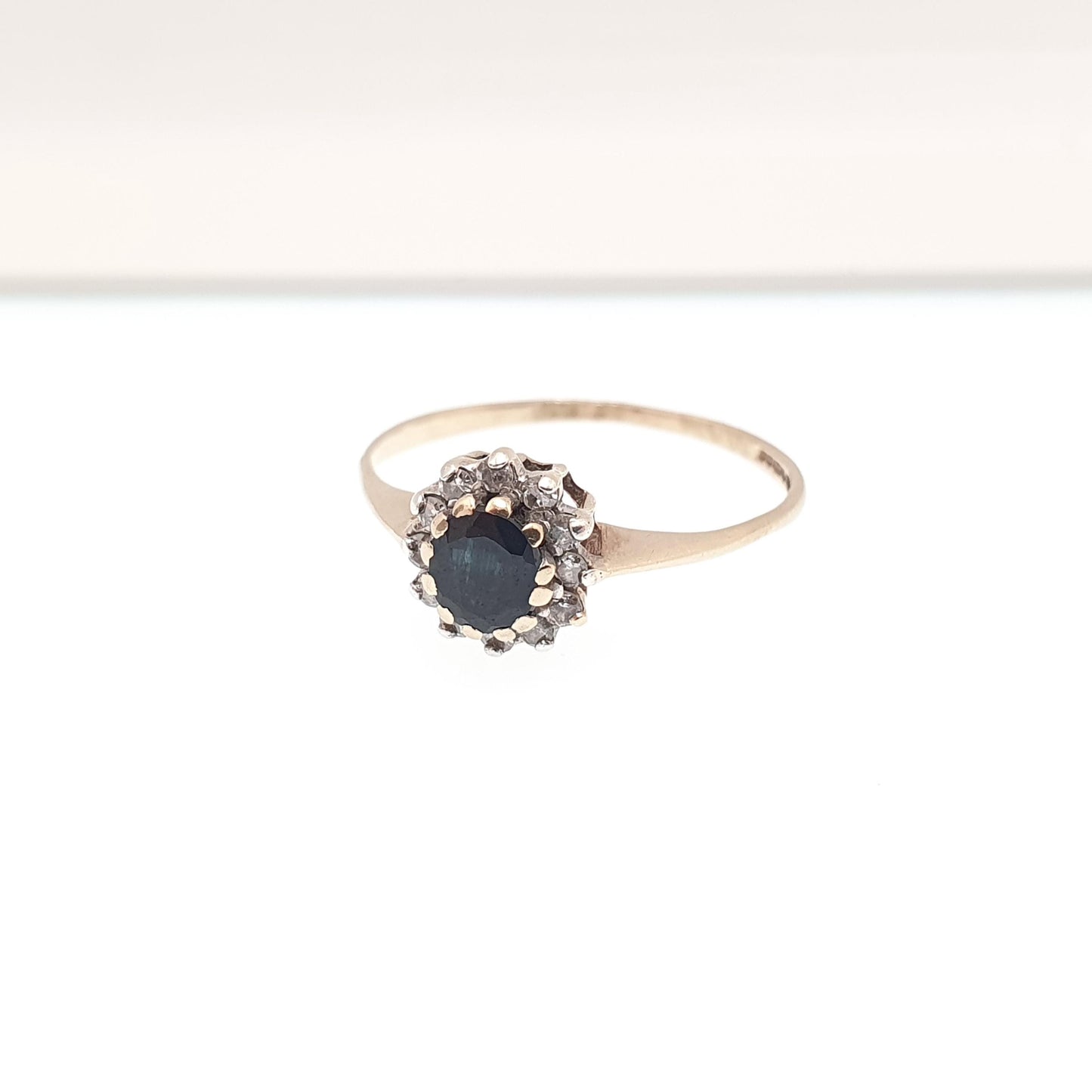 Vintage Diamond & Sapphire 9kt Gold Ring Solid 9ct 9k Cluster Halo Blue Gemstone Retro Womens Jewelry Jewellery