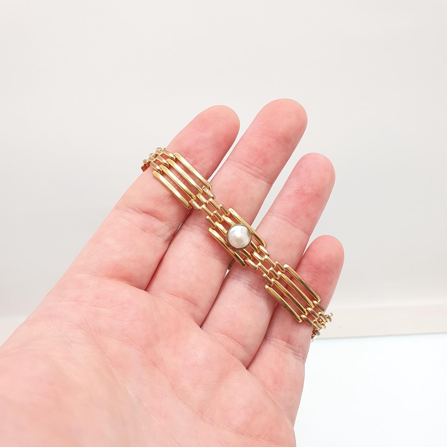 Antique Rolled Gold Gate Link Bracelet Mother of Pearl Gemstone Gold Filled Links Edwardian 18cm 15.88g Vintage Jewellery Jewelry