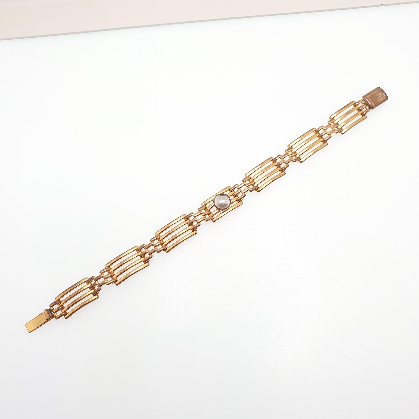 Antique Rolled Gold Gate Link Bracelet Mother of Pearl Gemstone Gold Filled Links Edwardian 18cm 15.88g Vintage Jewellery Jewelry