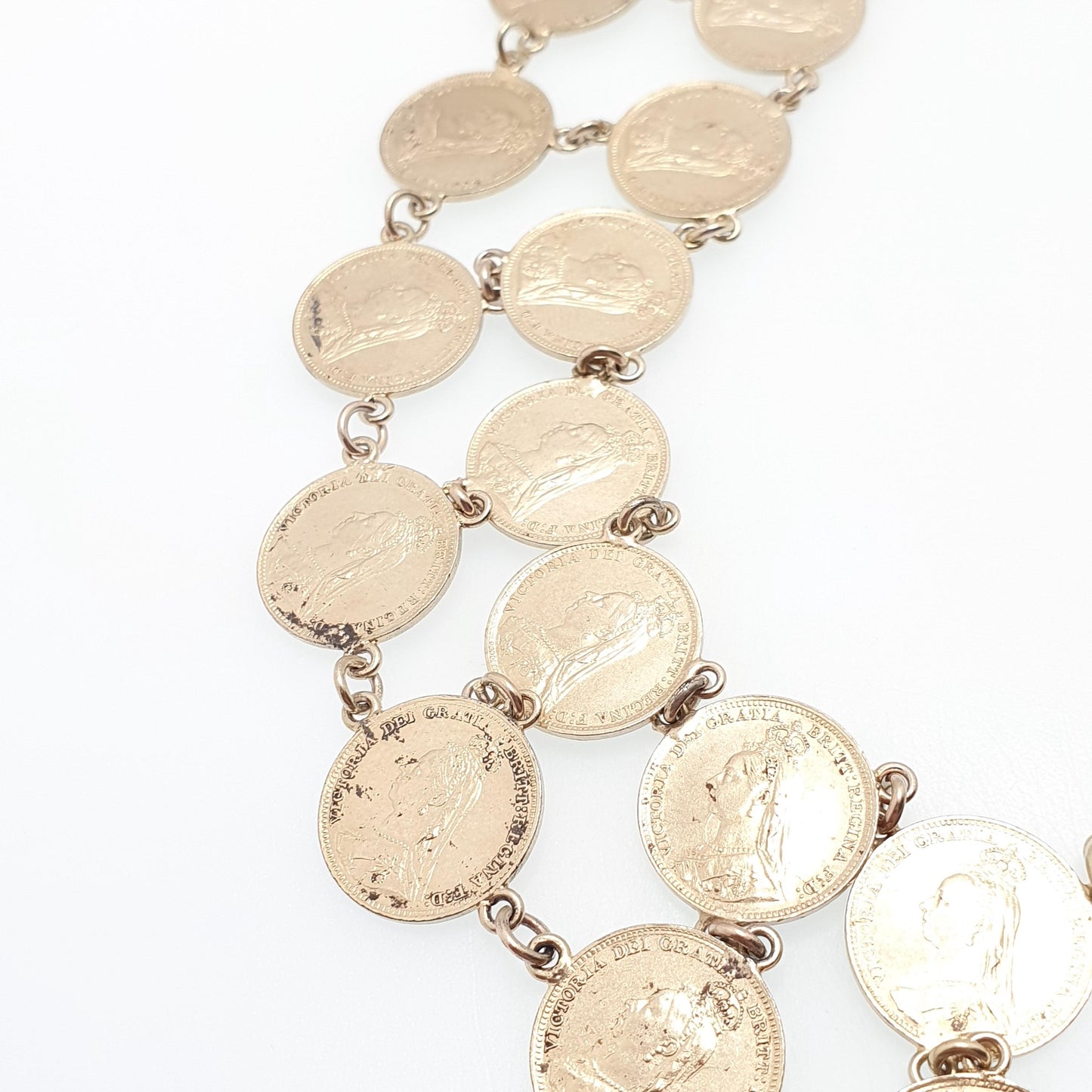 Antique Victorian Gold on Sterling Silver Coin Necklace Double Row Threepence Chain Festoon Vermeil Vintage Womens Jewelry Jewellery