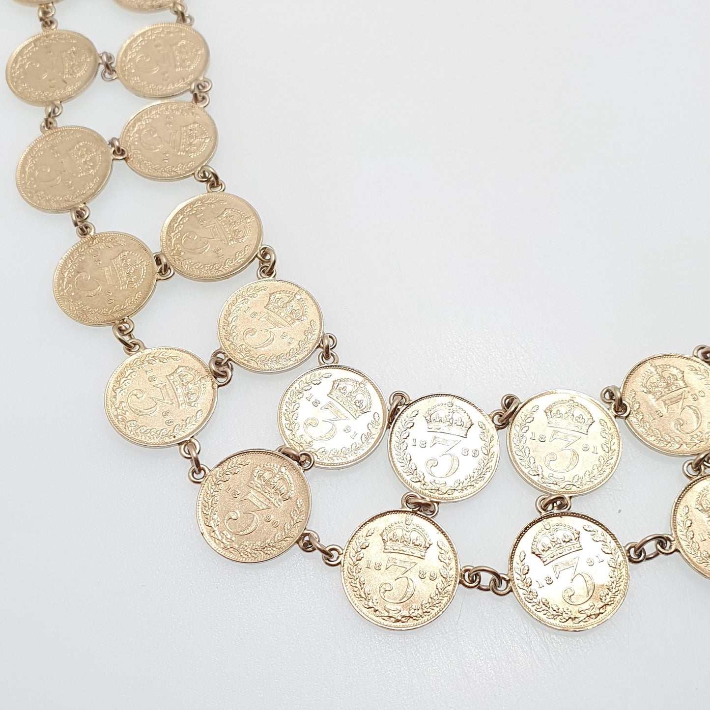 Antique Victorian Gold on Sterling Silver Coin Necklace Double Row Threepence Chain Festoon Vermeil Vintage Womens Jewelry Jewellery