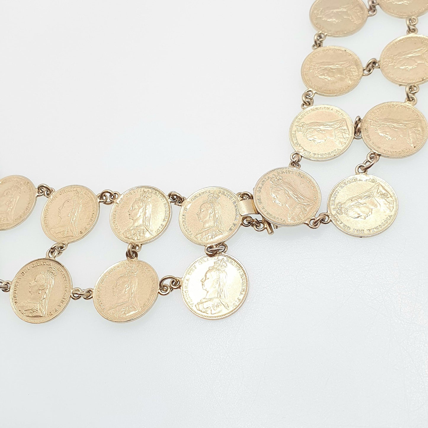 Antique Victorian Gold on Sterling Silver Coin Necklace Double Row Threepence Chain Festoon Vermeil Vintage Womens Jewelry Jewellery