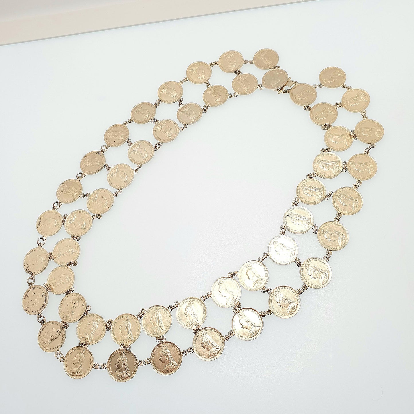 Antique Victorian Gold on Sterling Silver Coin Necklace Double Row Threepence Chain Festoon Vermeil Vintage Womens Jewelry Jewellery
