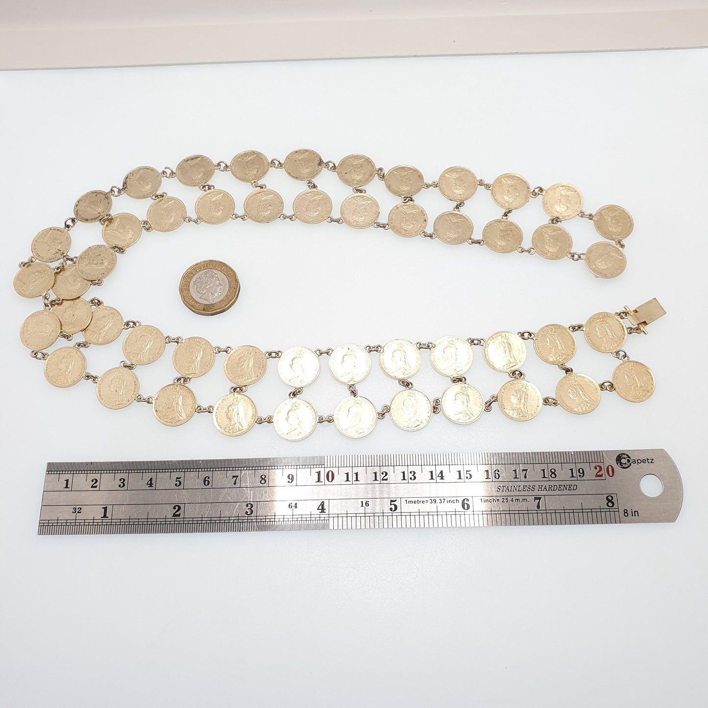 Antique Victorian Gold on Sterling Silver Coin Necklace Double Row Threepence Chain Festoon Vermeil Vintage Womens Jewelry Jewellery