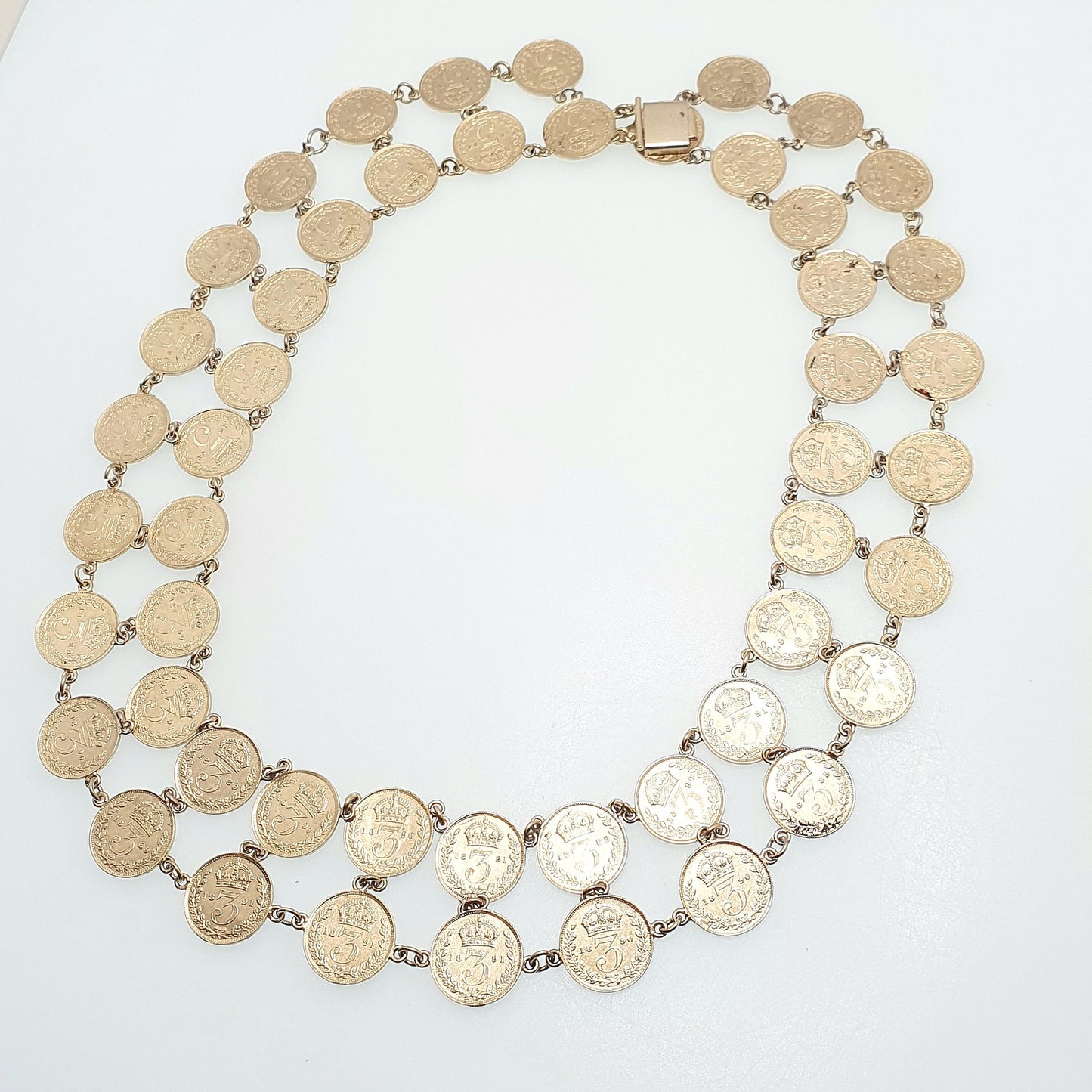 Antique Victorian Gold on Sterling Silver Coin Necklace Double Row Threepence Chain Festoon Vermeil Vintage Womens Jewelry Jewellery