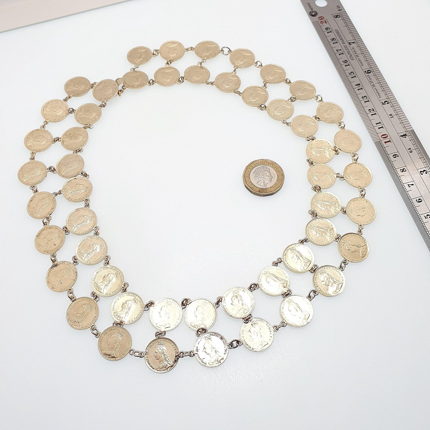 Antique Victorian Gold on Sterling Silver Coin Necklace Double Row Threepence Chain Festoon Vermeil Vintage Womens Jewelry Jewellery