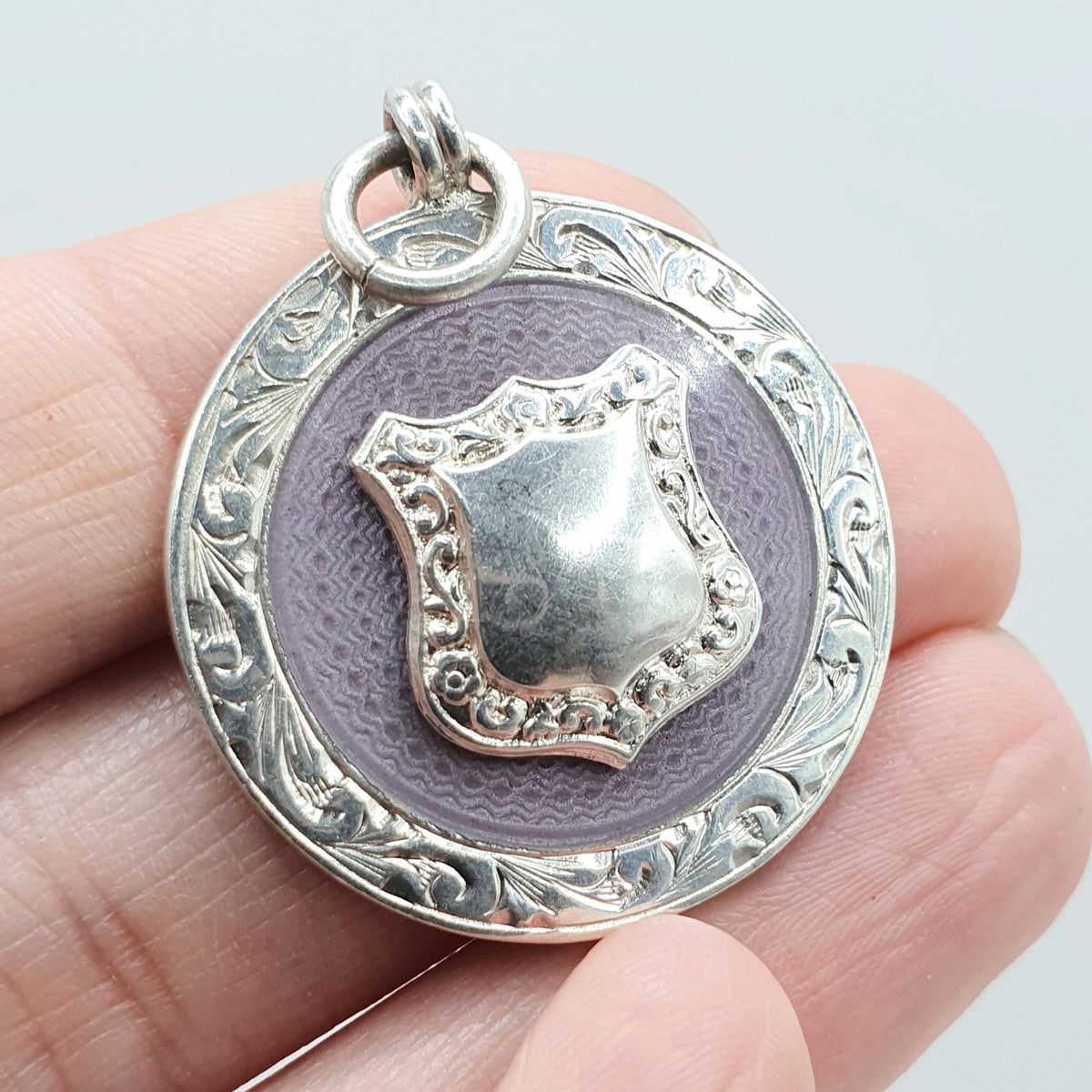 Antique Sterling Silver Purple Enamel Shield Fob Pendant Necklace Round Art Deco 1924 Vintage Unisex Engraved Womens Mens Jewelry Jewellery