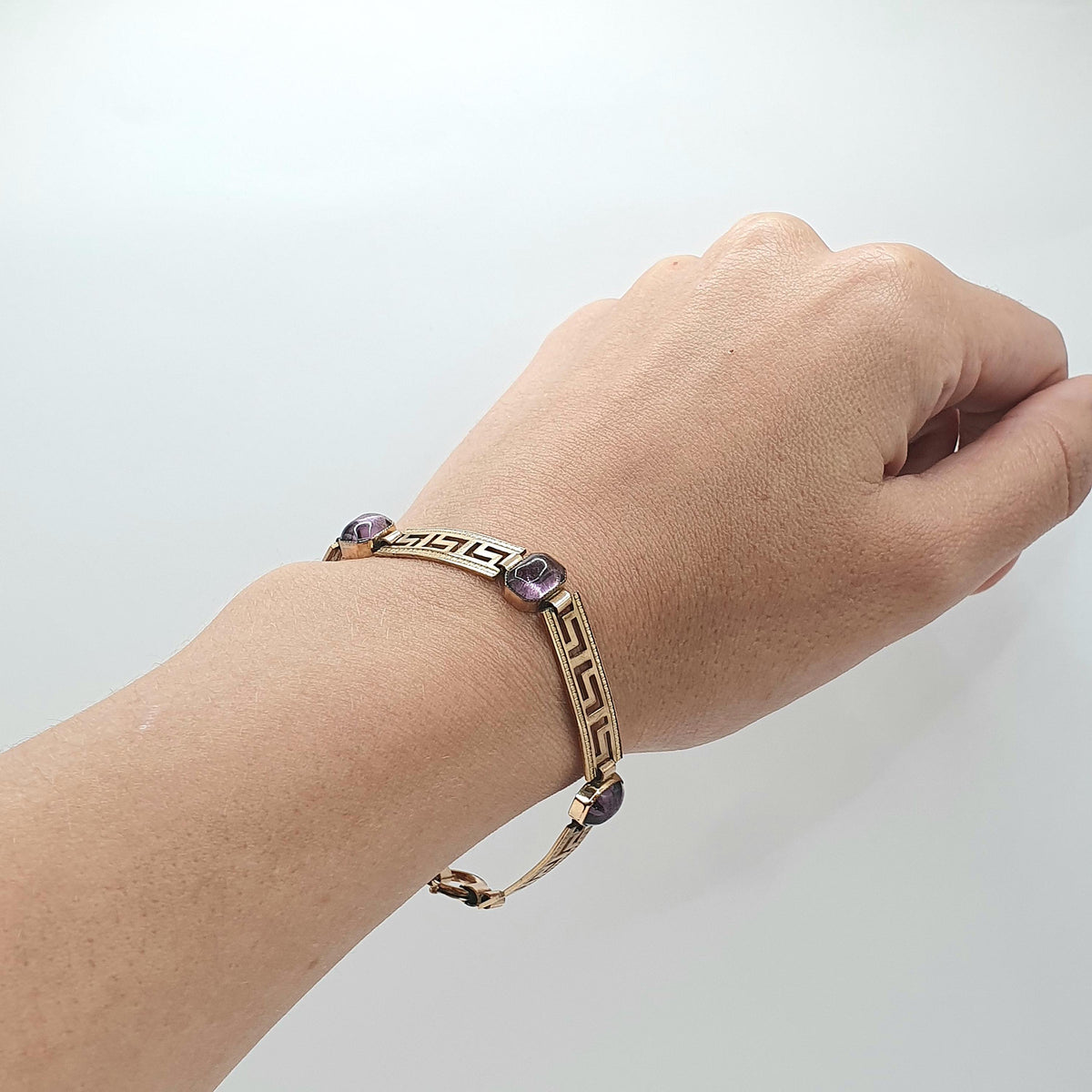 Antique Victorian Rolled Gold Amethyst Paste Bracelet Greek Key Pattern Gold Filled 9.52g 18.5cm Vintage Jewelry Jewellery Womens