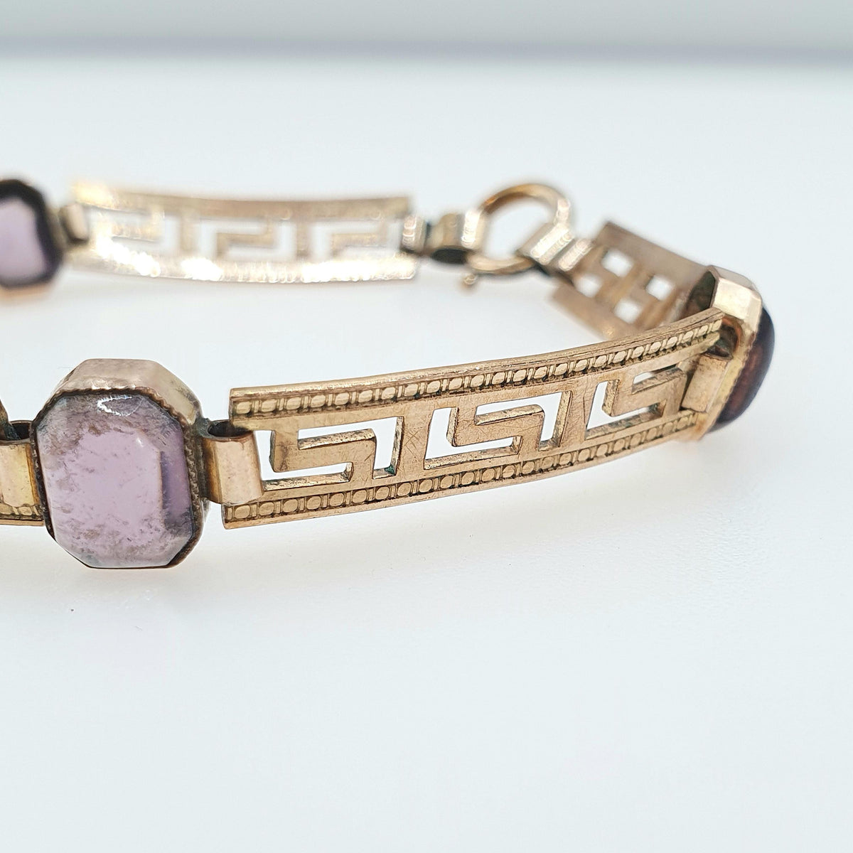 Antique Victorian Rolled Gold Amethyst Paste Bracelet Greek Key Pattern Gold Filled 9.52g 18.5cm Vintage Jewelry Jewellery Womens