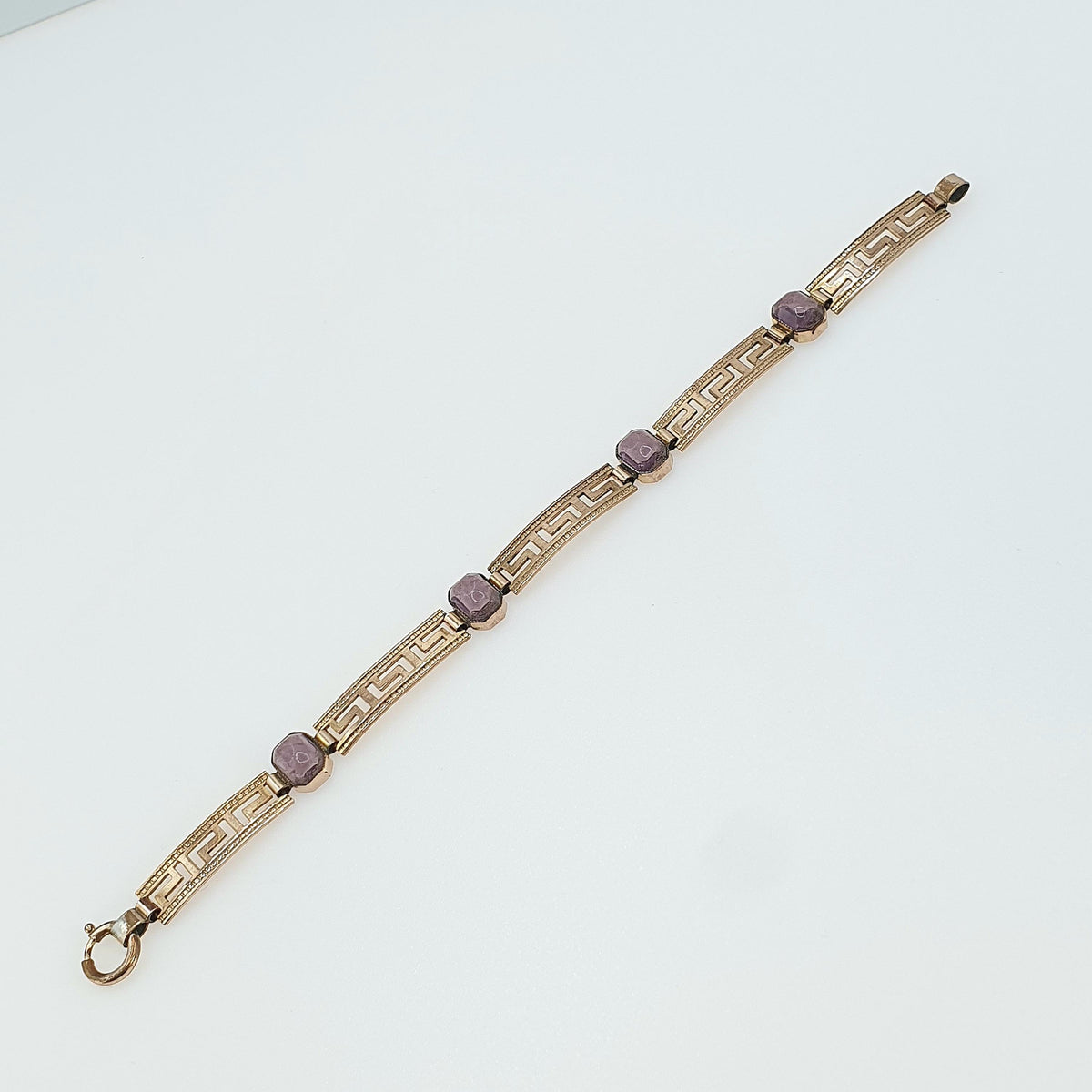 Antique Victorian Rolled Gold Amethyst Paste Bracelet Greek Key Pattern Gold Filled 9.52g 18.5cm Vintage Jewelry Jewellery Womens