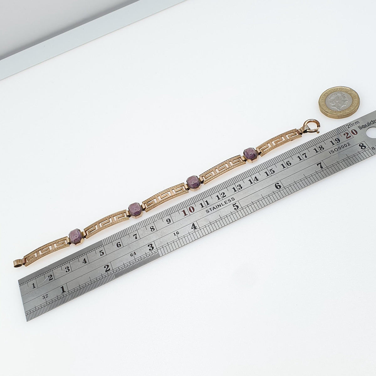 Antique Victorian Rolled Gold Amethyst Paste Bracelet Greek Key Pattern Gold Filled 9.52g 18.5cm Vintage Jewelry Jewellery Womens
