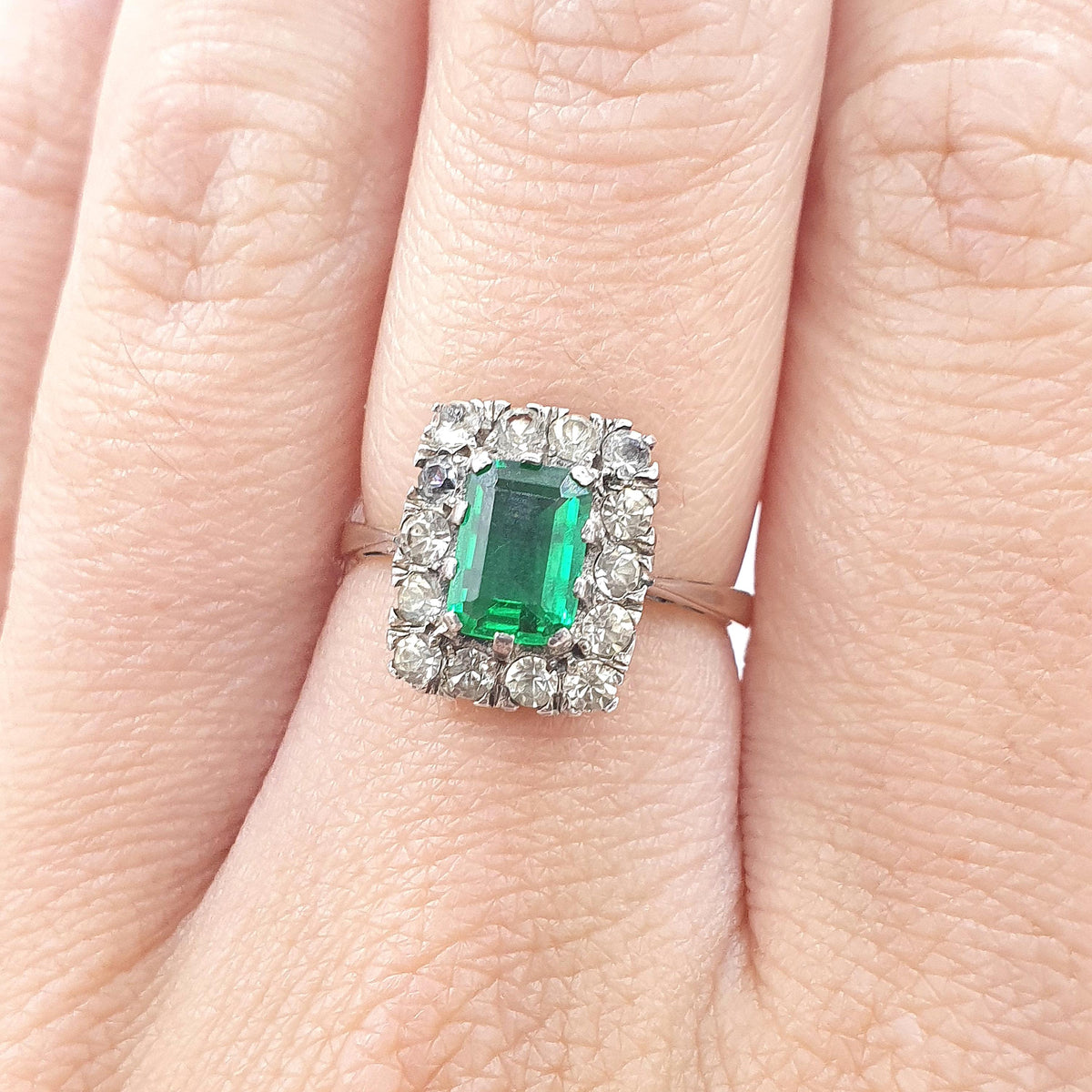 Antique 9ct Gold & Solid Silver Emerald Paste Ring Halo Rectangular Diamond Pastes 1920s Vintage Jewelry Womens Jewellery UK M US 6.25