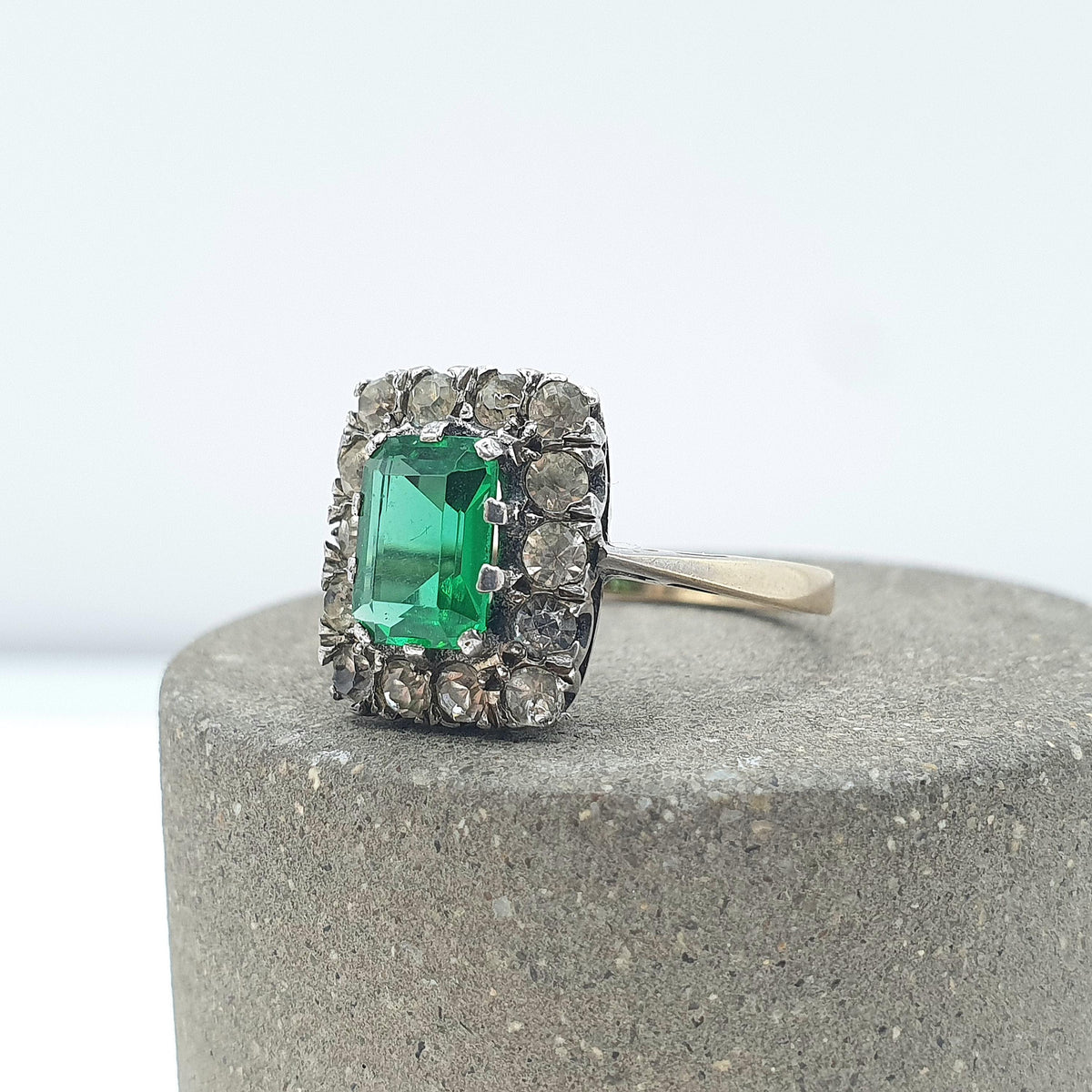 Antique 9ct Gold & Solid Silver Emerald Paste Ring Halo Rectangular Diamond Pastes 1920s Vintage Jewelry Womens Jewellery UK M US 6.25