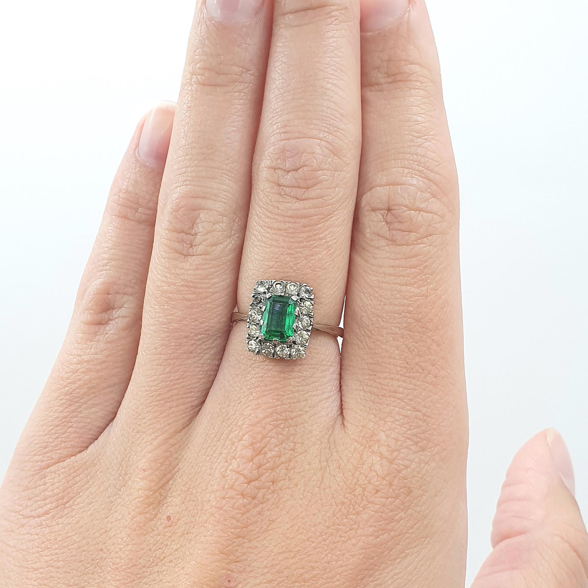 Antique 9ct Gold & Solid Silver Emerald Paste Ring Halo Rectangular Diamond Pastes 1920s Vintage Jewelry Womens Jewellery UK M US 6.25