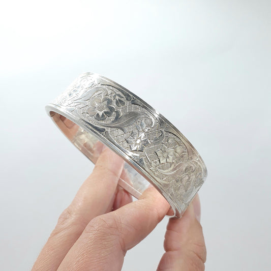 Antique Solid Silver Flower Engraved Snap Bangle Bracelet Art Nouveau Design 31.95g Vintage 1920s 800 6.5cm 2.5” Womens Jewelry Jewellery