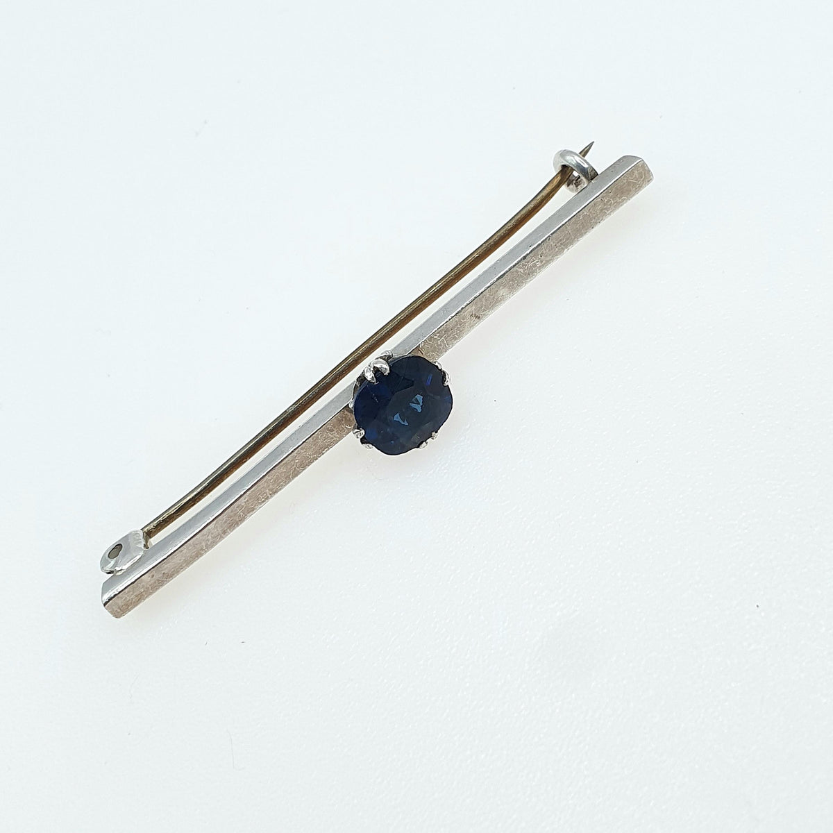 Antique Solid Silver Sapphire Paste Bar Brooch Pin Square Cut Blue Glass Vintage Womens Jewelry Jewellery Retro
