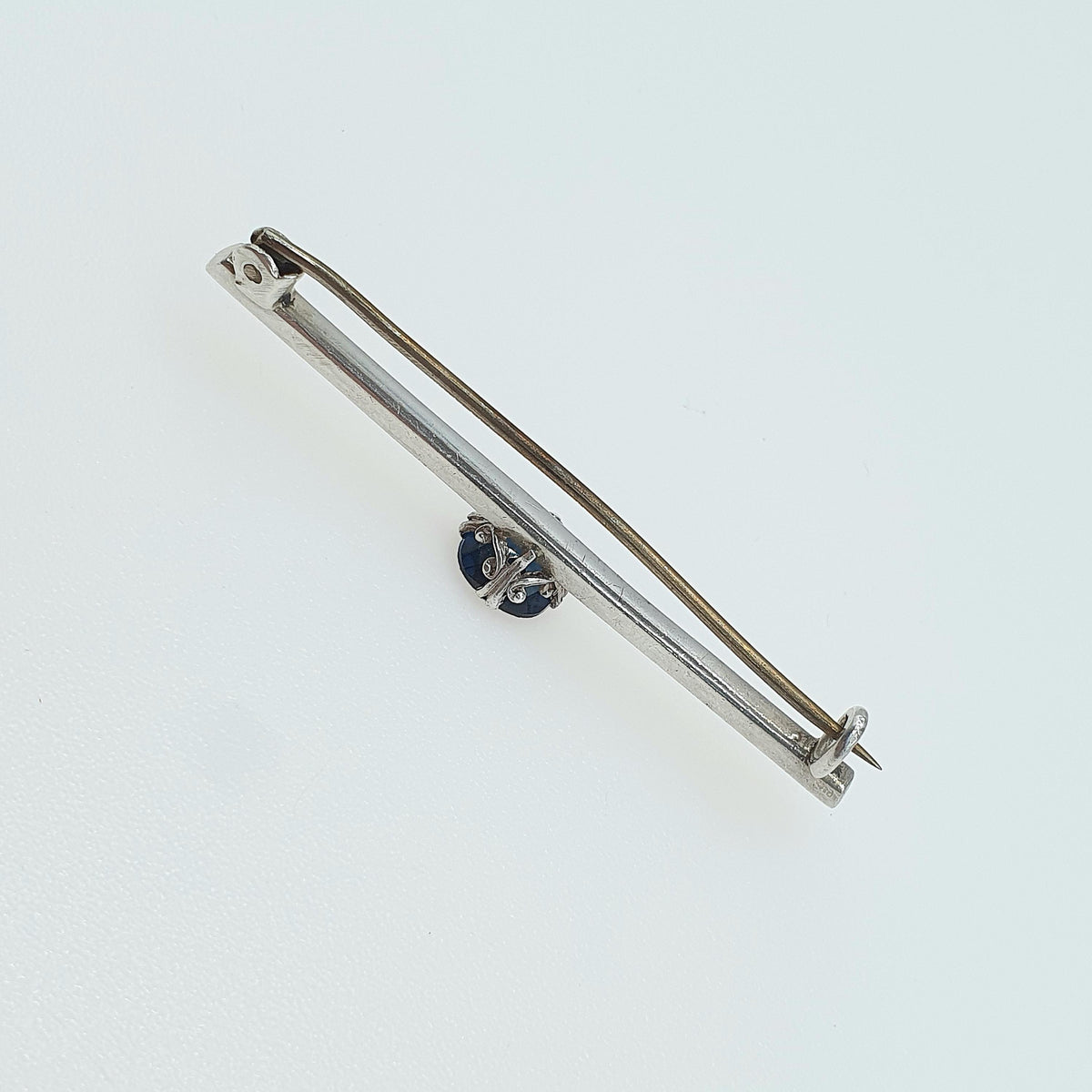 Antique Solid Silver Sapphire Paste Bar Brooch Pin Square Cut Blue Glass Vintage Womens Jewelry Jewellery Retro