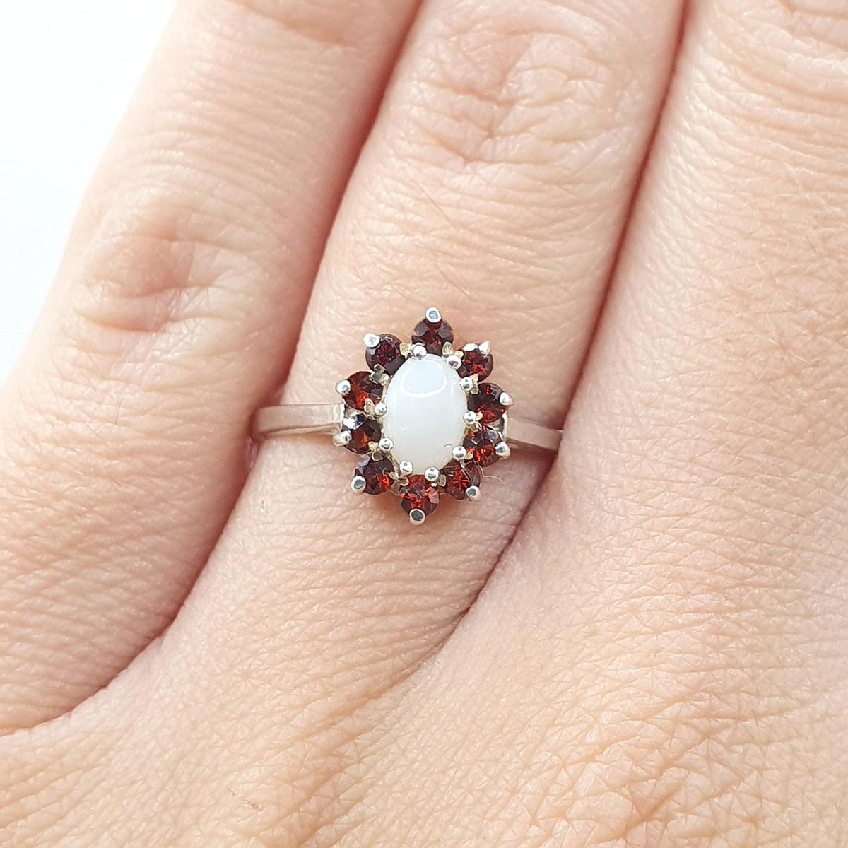Vintage Sterling Silver Garnet & Opal Ring Cluster Halo Genuine Gemstone Womens Girls Jewelry Jewellery UK L US 5.75