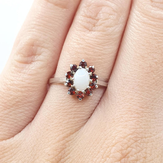 Vintage Sterling Silver Garnet & Opal Ring Cluster Halo Genuine Gemstone Womens Girls Jewelry Jewellery UK L US 5.75