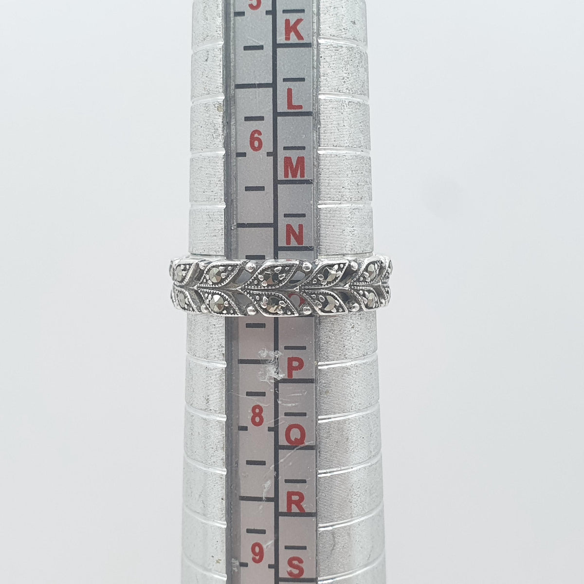 Antique Solid Silver Marcasite Eternity Ring Double Row Art Deco Leaf Pattern Promise Gift Women’s Mens Jewelry Jewellery UK N.5 US 7