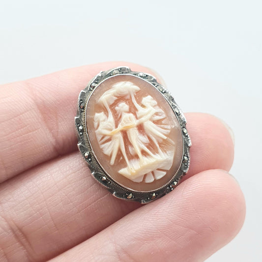 Antique Solid Silver Three Graces Cameo Pendant Brooch Marcasite Border Hand Carved Shell Necklace Vintage Jewelry Jewellery Womens Mens