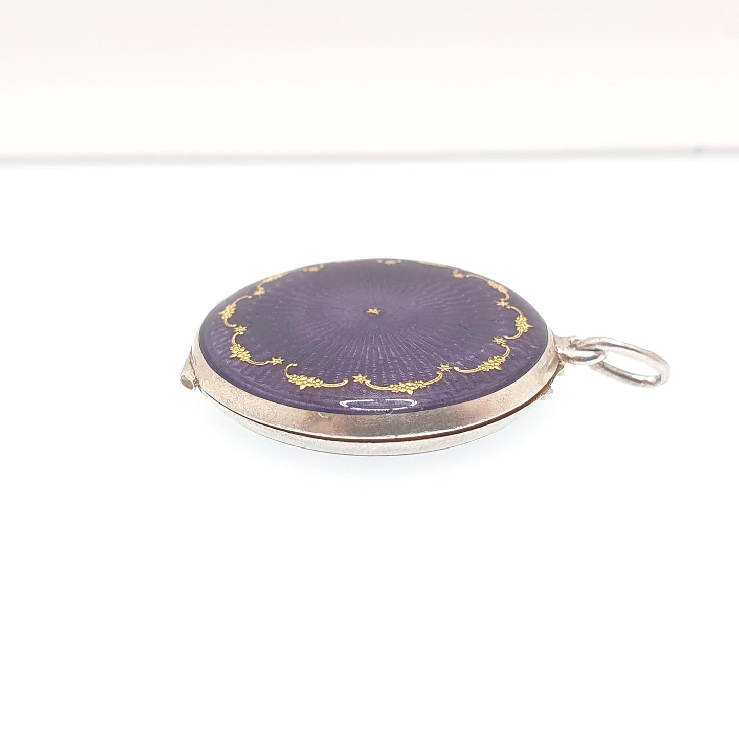 Antique Enamel Solid Silver Locket Purple Guilloche Pendant Necklace Gold Star Edwardian Round Photo Picture Genuine Vintage Jewelry Jewelry