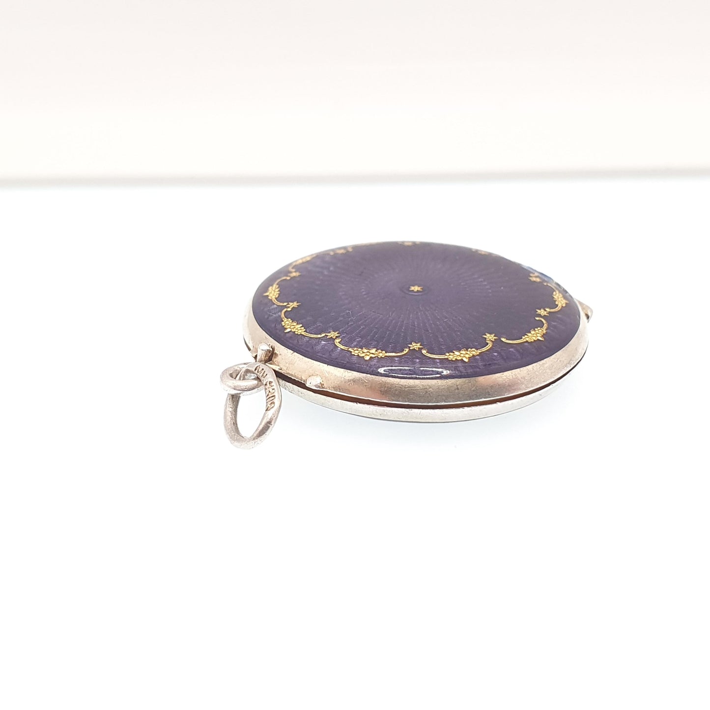 Antique Enamel Solid Silver Locket Purple Guilloche Pendant Necklace Gold Star Edwardian Round Photo Picture Genuine Vintage Jewelry Jewelry