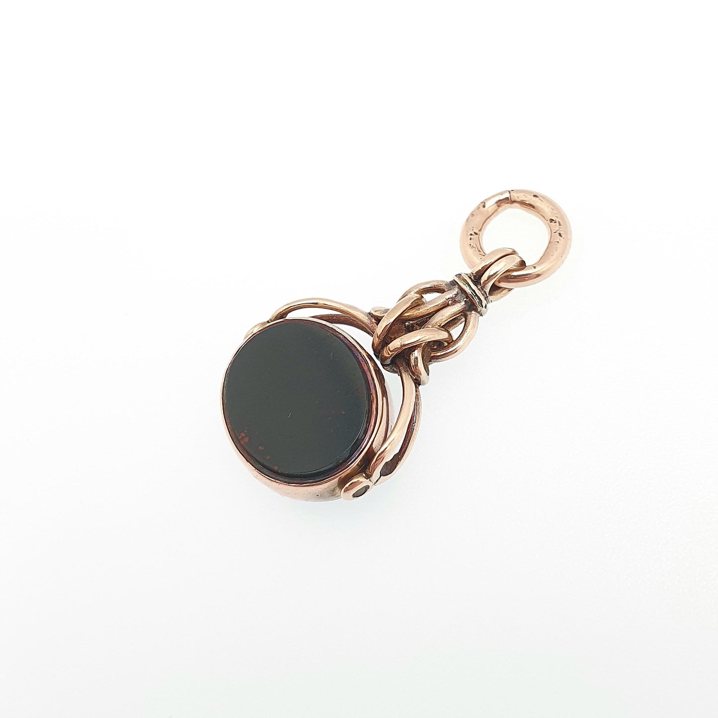 Antique 10k Gold Bloodstone Spinner Fob Pendant Oval Victorian Carnelian Necklace Albert Vintage Solid 10kt