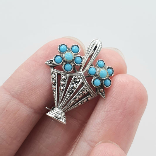 Antique Art Deco Solid Silver Flower Basket Brooch Marcasite and Faux Turquoise Vintage Womens Jewelry Jewellery