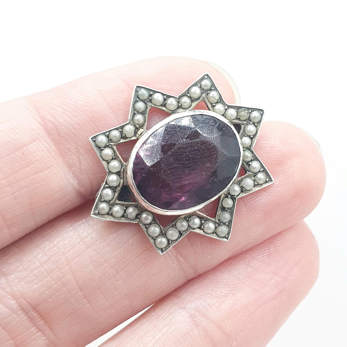 Antique Victorian Solid Silver Amethyst Paste Star Brooch Faux Seed Pearl Border Celestial Vintage Womens Jewelry Jewellery