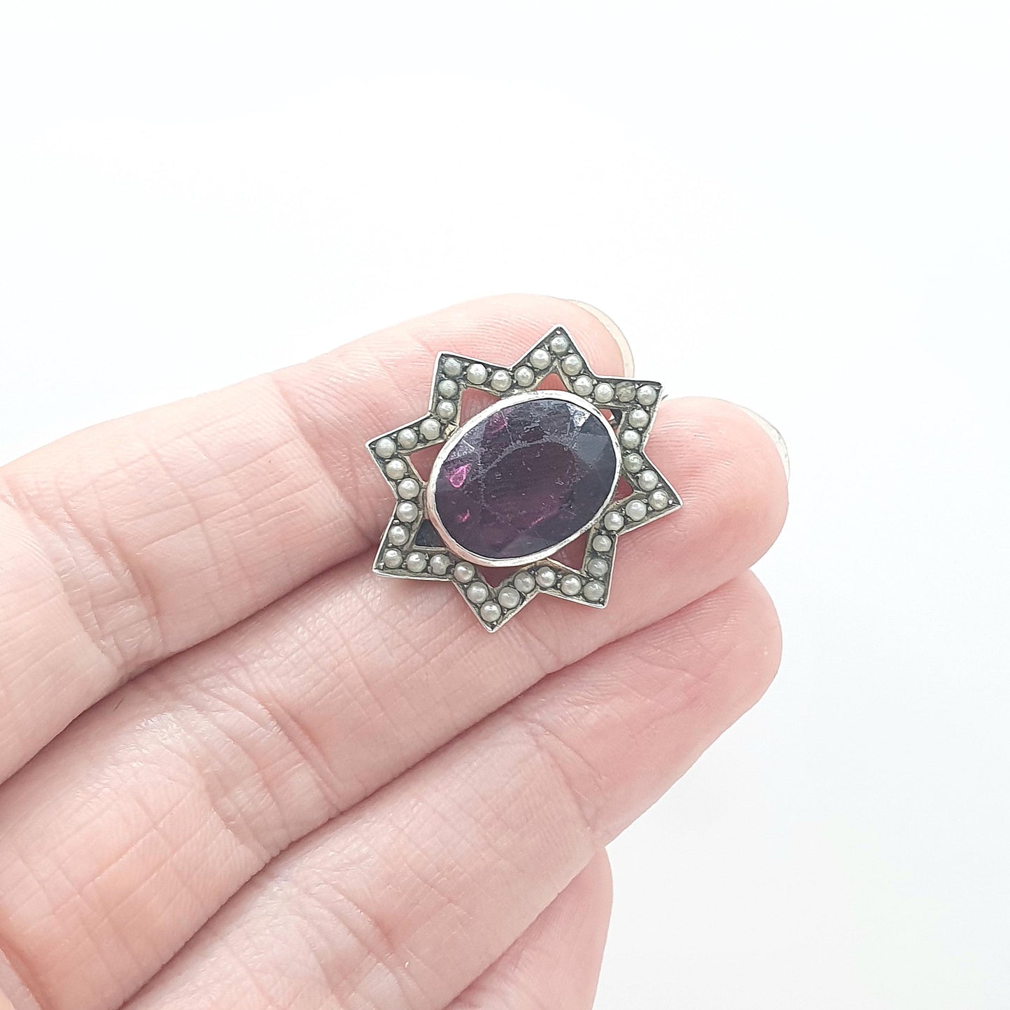 Antique Victorian Solid Silver Amethyst Paste Star Brooch Faux Seed Pearl Border Celestial Vintage Womens Jewelry Jewellery