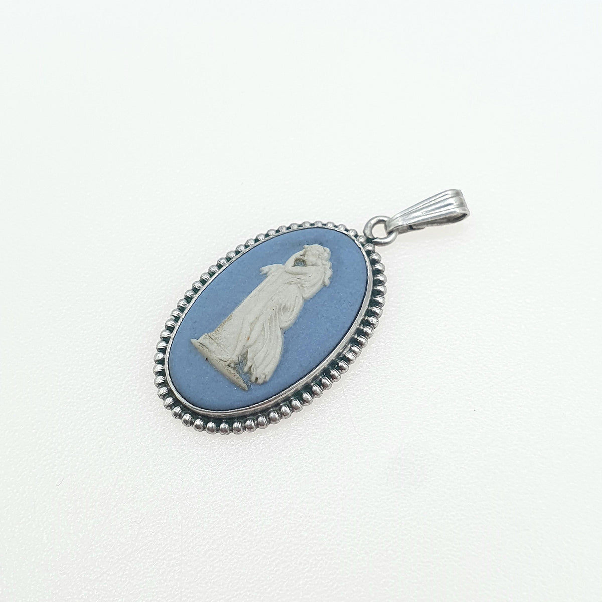 Vintage Sterling Silver Wedgwood Pendant Sky Blue Jasperware Necklace 1977 Hallmark Cameo Womens Ladies Jewelry Jewellery Retro