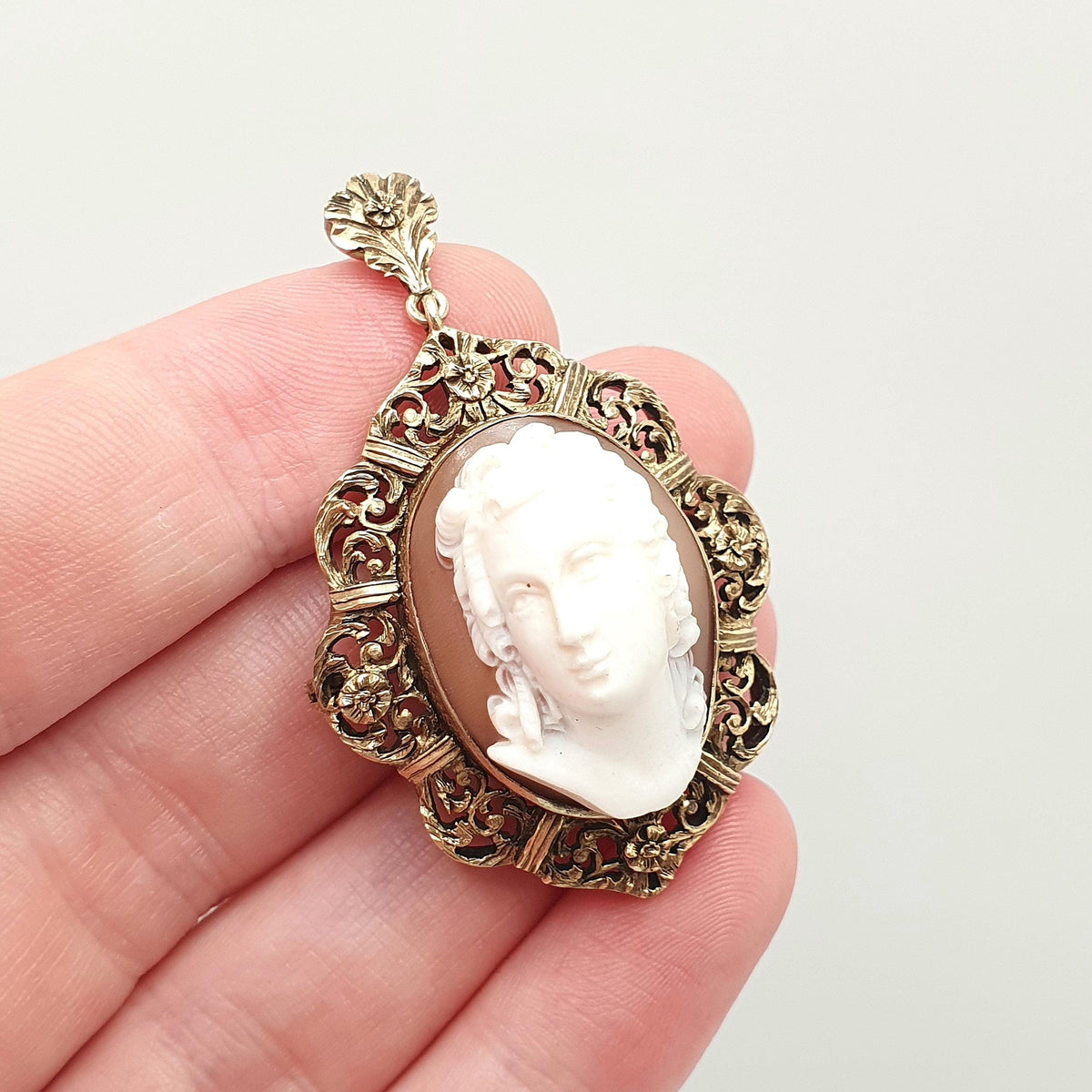 Antique Victorian Solid Silver Cameo Pendant Brooch Gold Vermeil High Relief Shell Hand Carved Necklace Large Big Vintage Jewelry Jewellery
