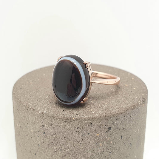 Antique 9ct Gold Bullseye Agate Ring Victorian Solid 9k 9kt Signet Oval Genuine Quartz Gemstone Vintage Jewelry Jewellery