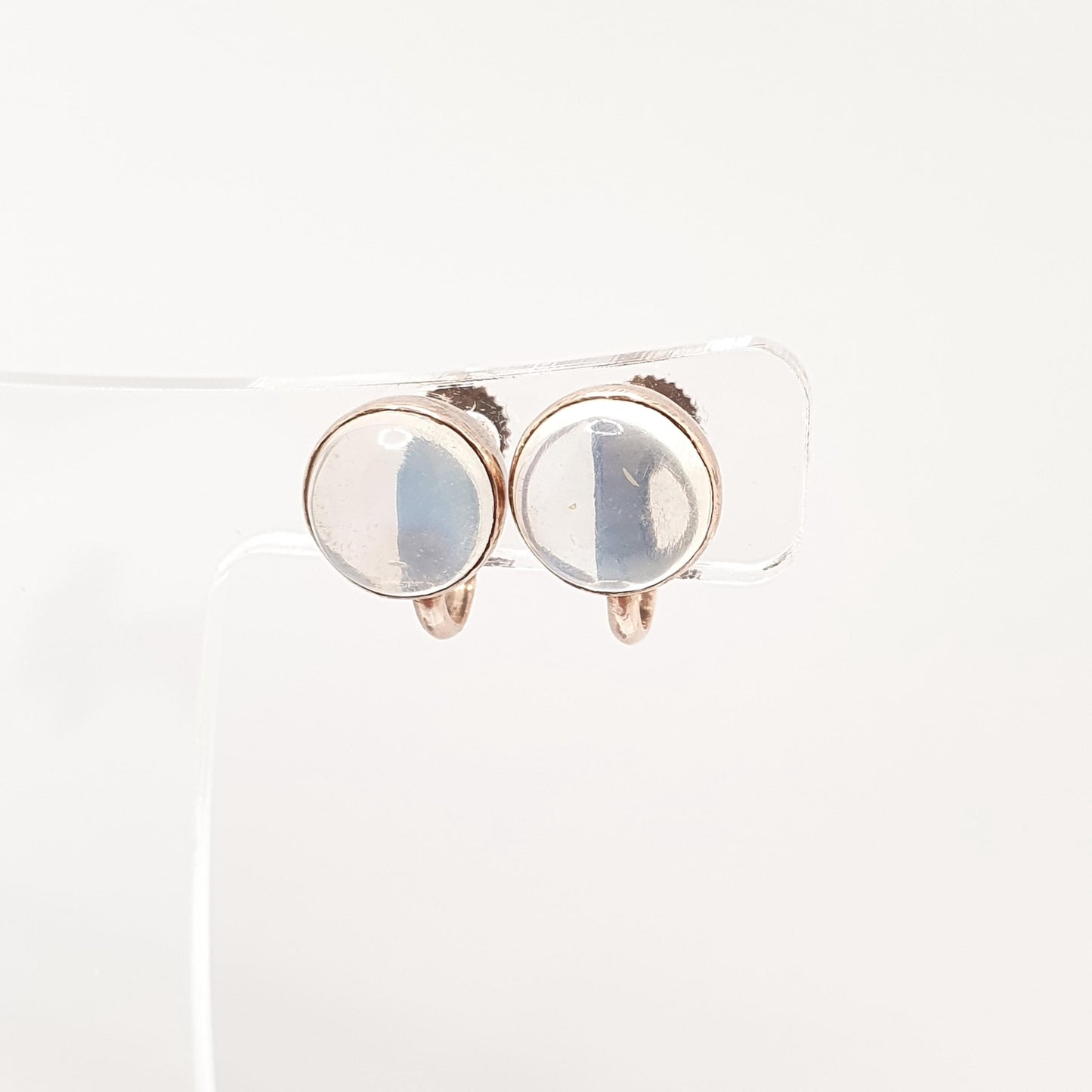 Antique 9ct Gold Moonstone Earrings Victorian Solid 9k 9kt Screw Back Round Cabochon Adularescence Womens Vintage Jewelry Jewellery