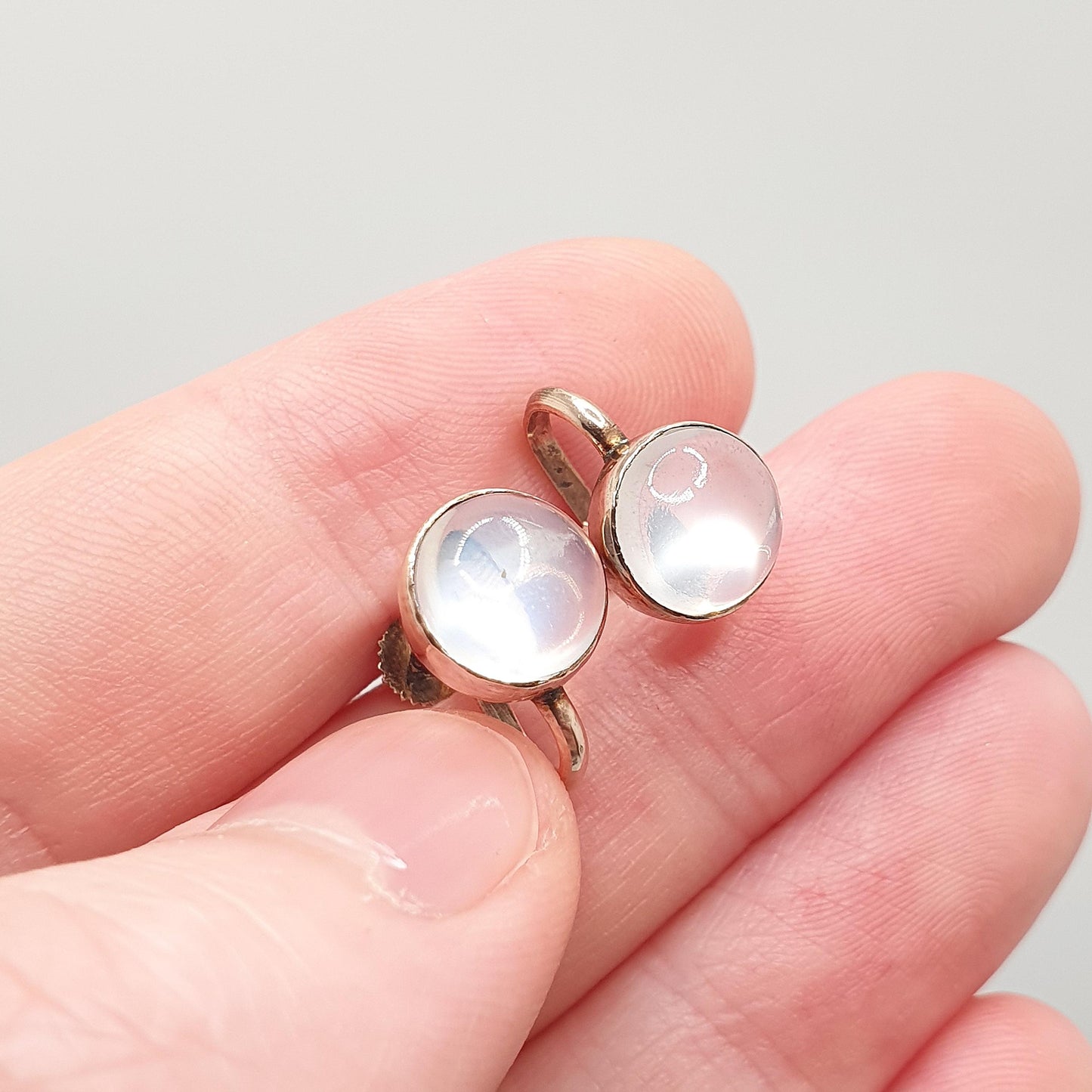 Antique 9ct Gold Moonstone Earrings Victorian Solid 9k 9kt Screw Back Round Cabochon Adularescence Womens Vintage Jewelry Jewellery